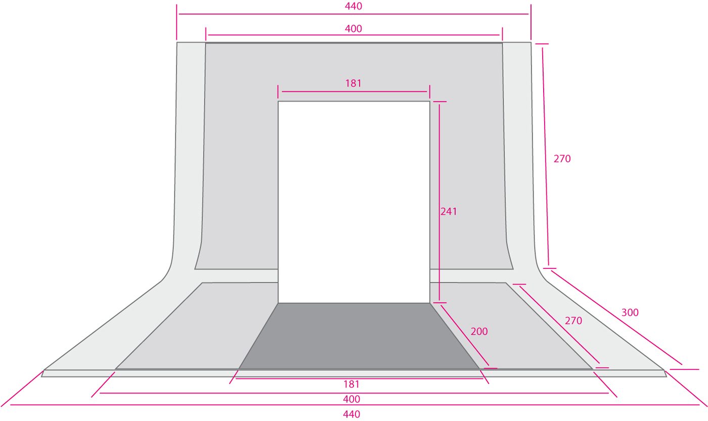 Desenho técnico do fundo infinito do Estúdio Lumiar com as medidas em centímetros: 440 de largura total, 400 no topo, face central de 181 por 241, parede de 270 de altura e saia de até 300 de profundidade